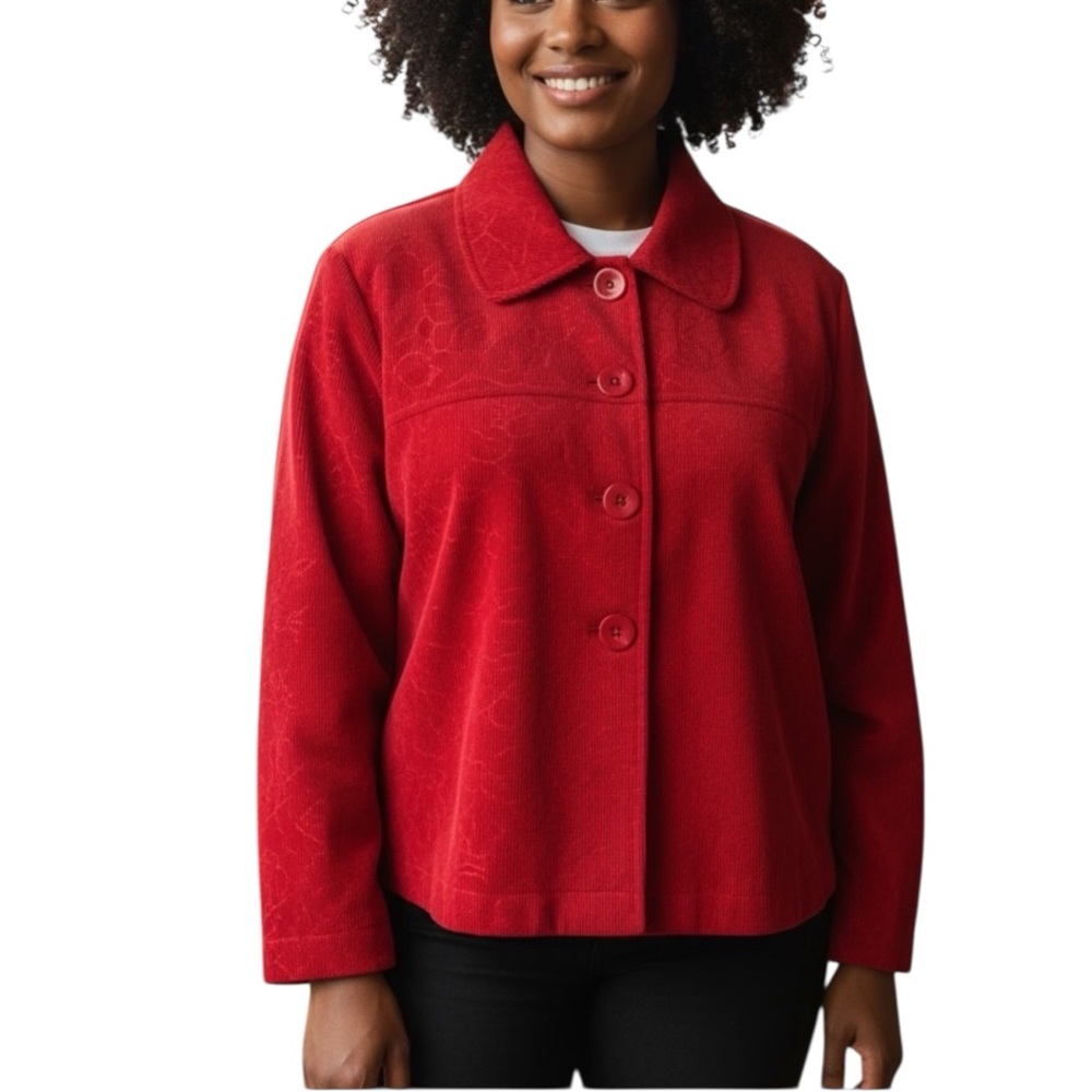 Vintage Requirements Red embossed Floral Cropped Swing Corduroy Jacket Size XL